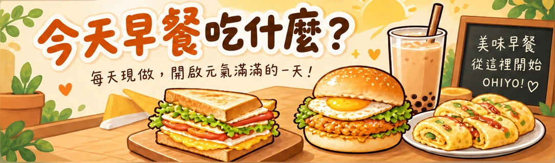 歐嗨唷早餐店首頁手繪橫幅：今天早餐吃什麼？每天現做的吐司、漢堡、蛋餅與飲品。